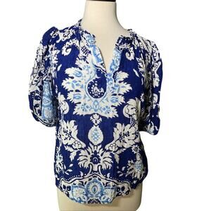 EUC- Rachel Zoe Women 3/4 Sleeve Button Linen Rayon Top Size M White Blue Floral
